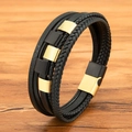 Mehrlagiges geflochtenes Herren-Lederarmband in Schwarz mit gold-schwarzem Magnetverschluss - 19cm / Gold + Schwarz