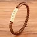 Bracelet pour homme en cuir tressé marron avec fermoir métallique texturé doré - Boucle Dorée Cuir Marron