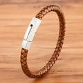 Minimalist brown braided leather bracelet with a brushed stainless steel clasp for men - Silver Clasp Brown Leather