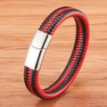 Handgefertigtes Herrenarmband aus Leder in Rot und Schwarz mit silbernem Magnetverschluss - 19cm / Schwarz Rot