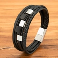 Mehrlagiges schwarzes geflochtenes Lederarmband für Herren mit Metallschiebern und Magnetverschluss - 19cm / Schwarz + Stahlfarbe
