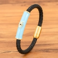 Pulsera de hombre en cuero trenzado negro con amuleto de ojo turco azul y cierre imán dorado - Azul claro