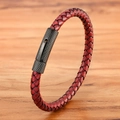 Bracelet en cuir tressé rouge vin pour homme avec fermoir industriel en métal moleté noir - Boucle Noire Cuir Rouge