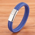 Blaues geflochtenes Lederarmband für Herren mit poliertem Magnetverschluss aus Edelstahl - 19cm / Blau