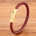 Handcrafted burgundy braided leather bracelet with a polished gold stainless steel clasp - Gold Buckle Red Leather