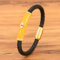 Pulsera de cuero trenzado negro con dije ojo turco amarillo y cierre magnético oro - Naranja