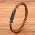 Bracelet tressé pour homme en cuir marron avec fermoir magnétique en acier gris - Boucle Noire Cuir Marron