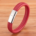Bracelet tressé en cuir rouge pour homme avec un fermoir magnétique en métal argenté - Rouge