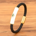 Pulsera de hombre en cuero trenzado negro con dije de ojo turco y cierre magnético dorado - Blanco
