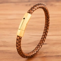 Minimalist braided brown leather bracelet featuring a polished gold hexagonal metal clasp - Gold Clasp Brown Leather