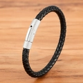 Bracelet pour homme en cuir tressé noir avec fermoir en métal argenté sur bois - Fermoir Acier Cuir Noir