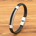 Pulsera de cuero trenzado para hombre con cierre de acero sobre fondo de madera - Negro / 19cm