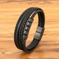 Mehrlagiges schwarzes geflochtenes Lederarmband für Herren mit gerändelten Perlen und Magnetverschluss - Schwarz / 19cm