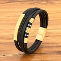 Mehrlagiges schwarzes Lederarmband für Herren mit goldener Metallstange und Magnetverschluss - Gold / 19cm