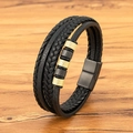 Mehrlagiges Herren-Lederarmband in Schwarz mit gold-schwarzen Metallperlen und Magnetverschluss - Gold + Schwarz / 19cm