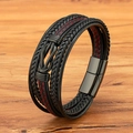 Men's multilayer braided leather bracelet with red stitching and black magnetic buckle - 19cm / Black