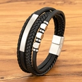 Heren meerlaagse zwarte lederen armband met graveerbare roestvrijstalen plaat - 19cm / Staalkleur