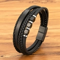 Meerlagige zwarte gevlochten leren armband voor heren met rvs magnetische sluiting - 19cm / Zwart