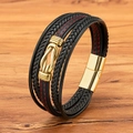 Men's multilayer black leather bracelet with infinity link and gold magnetic clasp - 19cm / Gold