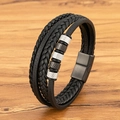 Mehrlagiges schwarzes geflochtenes Lederarmband für Herren mit Metallperlen und Magnetverschluss - Stahl + Schwarz / 19cm