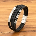 Herren Armband aus 4-lagigem geflochtenem schwarzem Leder mit silbernen Metallperlen - Stahlfarben / 19cm