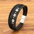 Pulsera multicapa de cuero trenzado negro para hombre con cuentas plateadas y cierre magnético - 19cm / Color acero
