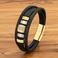 Men's multilayer black leather bracelet with gold textured square charms and magnetic clasp - Gold / 19cm