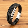 Herren Armband aus schwarzem geflochtenem Leder mit silbernen Perlen und Magnetverschluss - Stahlfarben / 19cm