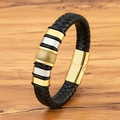 Men's leather braided bracelet with gold and silver steel rings and magnetic clasp - 19 / Gold