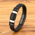 Men's black braided leather bracelet with stainless steel honeycomb textured metal rings - 19 / Black