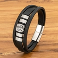 Men's multi-layer black leather bracelet with silver square charm and magnetic clasp - Steel / 19cm