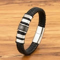 Men's black braided leather bracelet featuring silver textured charms and magnetic clasp - 19 / Steel