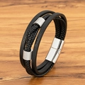 Mehrlagiges schwarzes Lederarmband für Herren mit Silberperlen und Magnetverschluss-Design - 19cm / Stahlfarben