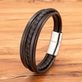 Men's multilayer leather bracelet with braided brown cords and polished magnetic clasp - Steel Clasp Coffee Leather