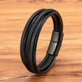 Triple layer black braided leather bracelet for men with matte black magnetic clasp - 19cm / Black Clasp Black Leather