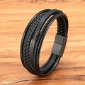Men's multi-layer braided leather bracelet in matte black with metal magnetic clasp - 19cm / Black