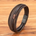 Men's multi-layer dark brown braided leather bracelet with black magnetic clasp closure - 19cm / Dark Brown