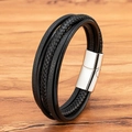 Men's multi-layer black genuine leather bracelet with woven cord and silver magnetic clasp - 19cm / Steel Clasp Black Leather