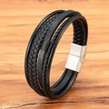 Men's multilayer black braided leather bracelet with silver magnetic metal clasp - 19cm / Silver Buckle Black