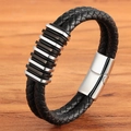 Men's double-braided black leather bracelet with silver and matte black steel rings - 19cm / Steel + Black