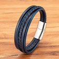 Men's multilayered woven leather bracelet with blue-black strands and magnetic steel clasp - Steel Buckle Blue Leather