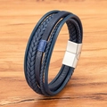 Men's navy blue braided leather multi-layer bracelet with brushed silver magnetic clasp - Silver Buckle Blue