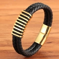 Men's double-row black braided leather bracelet with polished gold metal rings and clasp - 19cm / Gold