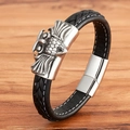 Schwarzes geflochtenes Lederarmband für Herren mit silberner Eule und Magnetverschluss - 19cm / Eule Stil (BXG2133)