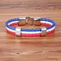 Three-layer braided leather bracelet with red, white, and blue flag colors and metal clasp - France Style