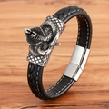 Schwarzes geflochtenes Lederarmband für Herren mit silbernem Kobra-Magnetverschluss - Kobra Stil (BXG2135)