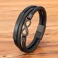 Men's multilayer black braided leather infinity bracelet with matte black metal buckle - 19cm / Black
