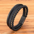Men's multilayer black leather bracelet with braided cord and matte tiger eye stone beads - Black / 19cm