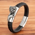 Geflochtenes Herrenarmband aus schwarzem Leder mit Silberfuchs-Kopf und Magnetverschluss - Fuchs Stil (BXG2136)