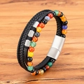 Herren Lederarmband mit bunten Natursteinen und Magnetverschluss im Boho Punk-Stil - 19cm / Bunter Achat
